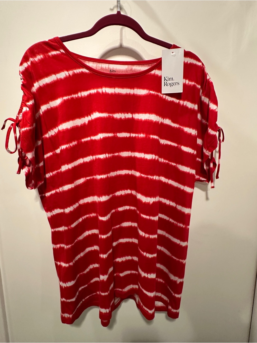 NWT Kim Rogers Red & White Tie-Dye Short Sleeve Top with Side Ties XL